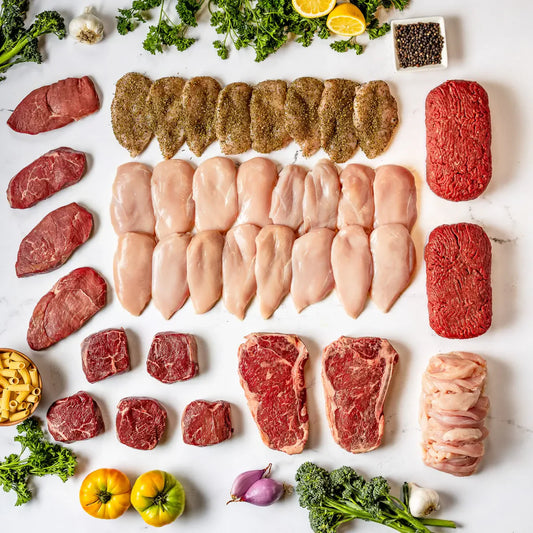 The Family Feast Bundle features a selection of 100% American beef, chicken, and ground beef, attractively arranged on a white surface with fresh vegetables, herbs, lemons, and spices.