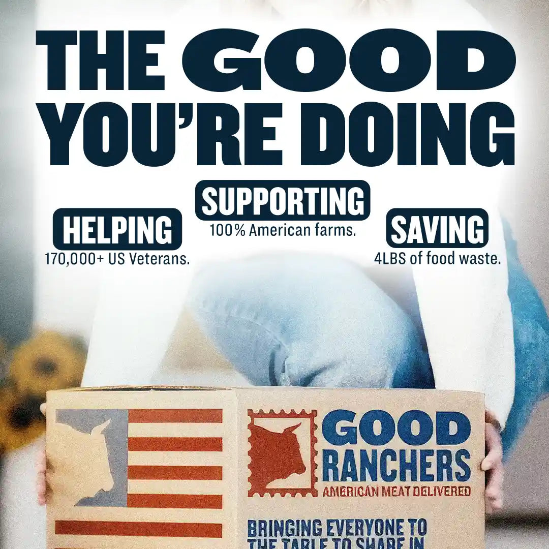 A person holds a Good Ranchers box with a U.S. flag and logo. Text above highlights helping 170,000+ US veterans, supporting 100% American farms, saving 4 lbs of food waste, and offering Better than Organic Chicken.