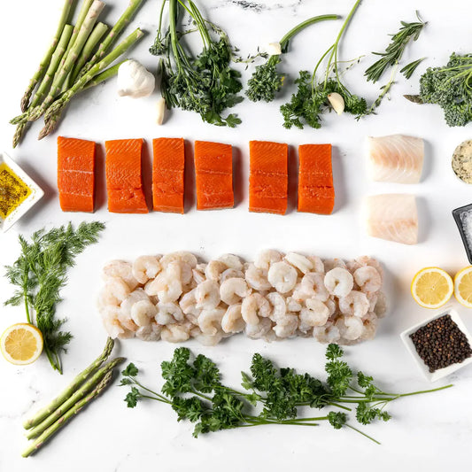 The Wild-Caught Seafood Box brings you raw wild American salmon filets, pacific cod, and peeled and deveined gulf shrimp. Delivered fresh to your door and always seed oil free.