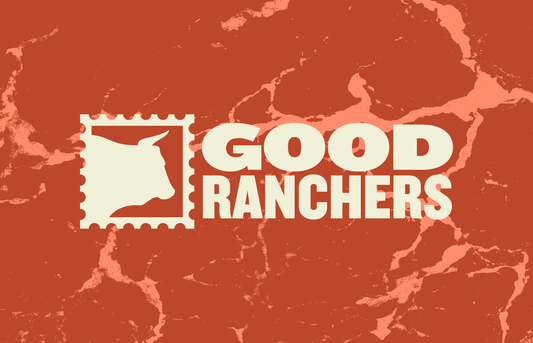The Digital Gift Card for Good Ranchers displays a cream cow head inside a stamp outline next to the bold words GOOD RANCHERS, set on a textured red background resembling marbled meat.